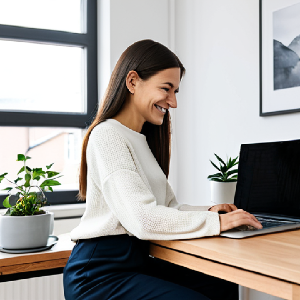 A professional female content creator, in her late 20s to early 30s, dressed in a modest, modern, and comfortable long-sleeved sweater and tailored trousers, appropriate attire. She is sitting at a sleek wooden desk in a bright, minimalist Scandinavian-style home office. Large windows offer natural light, illuminating a few healthy potted plants and a subtle, inspiring mood board on the wall. A laptop is open on the desk, alongside a stylish ceramic coffee mug. She is looking thoughtfully at the laptop screen, with a gentle, inviting smile, as if engaging with her online community or brainstorming new ideas. Her hands are gently resting on the keyboard. High-resolution, sharp focus, professional photography, soft studio lighting, perfect anatomy, correct proportions, natural pose, well-formed hands, proper finger count, natural body proportions. Fully clothed, modest clothing, appropriate content, safe for work, professional, family-friendly.