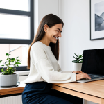A professional female content creator, in her late 20s to early 30s, dressed in a modest, modern, and comfortable long-sleeved sweater and tailored trousers, appropriate attire. She is sitting at a sleek wooden desk in a bright, minimalist Scandinavian-style home office. Large windows offer natural light, illuminating a few healthy potted plants and a subtle, inspiring mood board on the wall. A laptop is open on the desk, alongside a stylish ceramic coffee mug. She is looking thoughtfully at the laptop screen, with a gentle, inviting smile, as if engaging with her online community or brainstorming new ideas. Her hands are gently resting on the keyboard. High-resolution, sharp focus, professional photography, soft studio lighting, perfect anatomy, correct proportions, natural pose, well-formed hands, proper finger count, natural body proportions. Fully clothed, modest clothing, appropriate content, safe for work, professional, family-friendly.