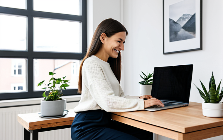 A professional female content creator, in her late 20s to early 30s, dressed in a modest, modern, and comfortable long-sleeved sweater and tailored trousers, appropriate attire. She is sitting at a sleek wooden desk in a bright, minimalist Scandinavian-style home office. Large windows offer natural light, illuminating a few healthy potted plants and a subtle, inspiring mood board on the wall. A laptop is open on the desk, alongside a stylish ceramic coffee mug. She is looking thoughtfully at the laptop screen, with a gentle, inviting smile, as if engaging with her online community or brainstorming new ideas. Her hands are gently resting on the keyboard. High-resolution, sharp focus, professional photography, soft studio lighting, perfect anatomy, correct proportions, natural pose, well-formed hands, proper finger count, natural body proportions. Fully clothed, modest clothing, appropriate content, safe for work, professional, family-friendly.